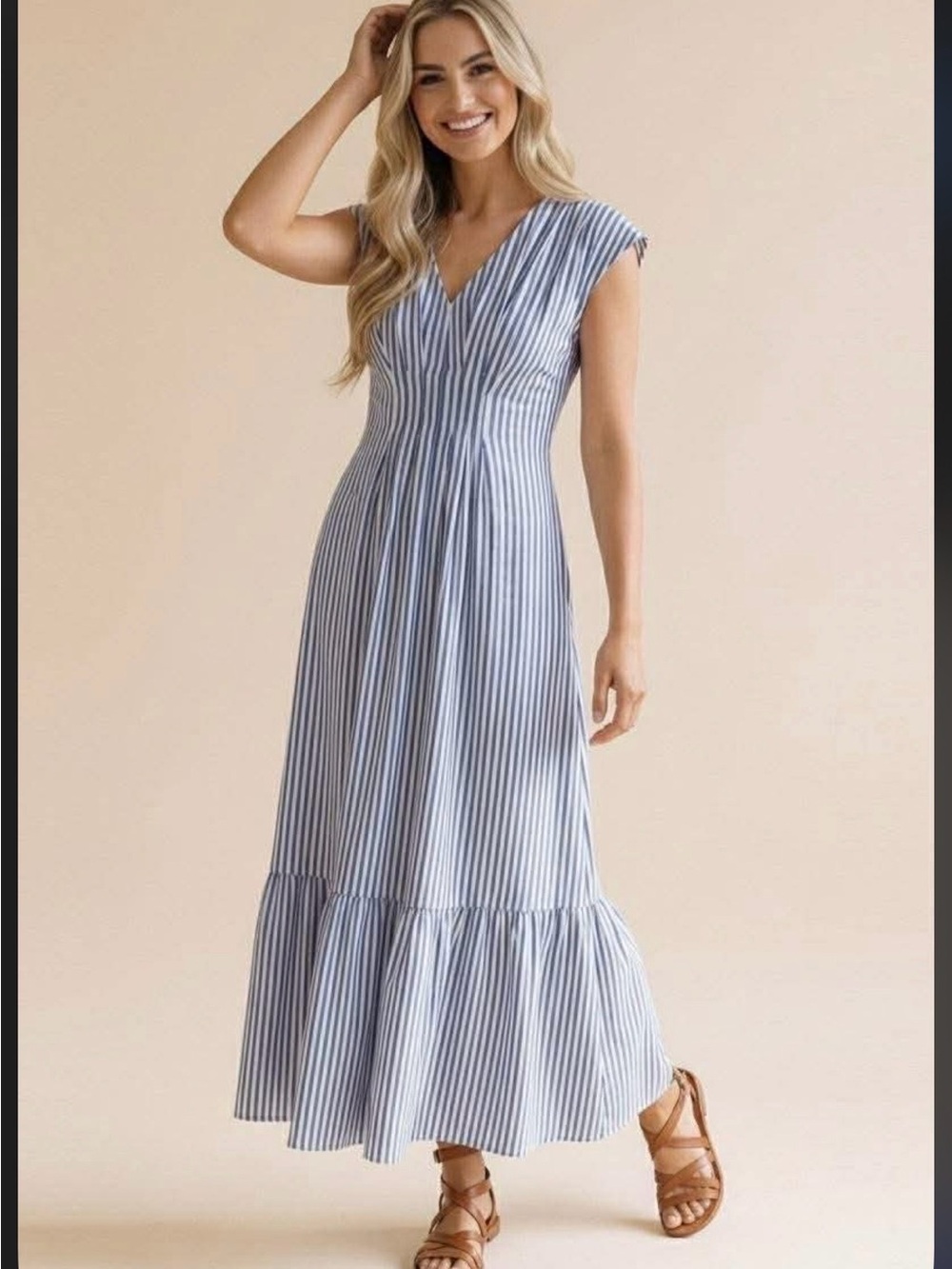 Striped V-Neck Blue & White Maxi Dress